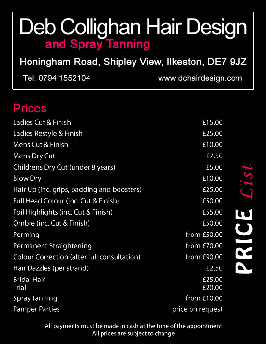 DC Hair Design price list